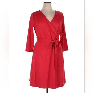 Lands' End Women's Tie Waist Dress Casual Dress Red Long Sleeve SZ S (6-8)